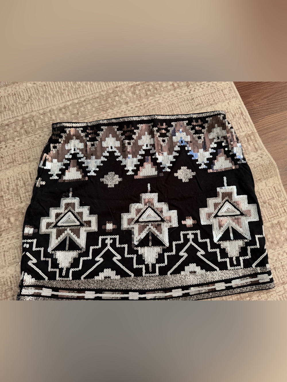Express Black Mini Skirt with Silver Sequin Geometric Pattern